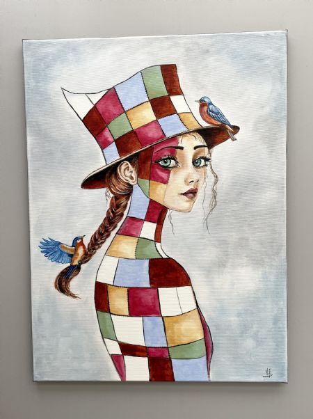 Akryl maleri En sjæl i lapper af Vibeke Findshøj malet i 2026