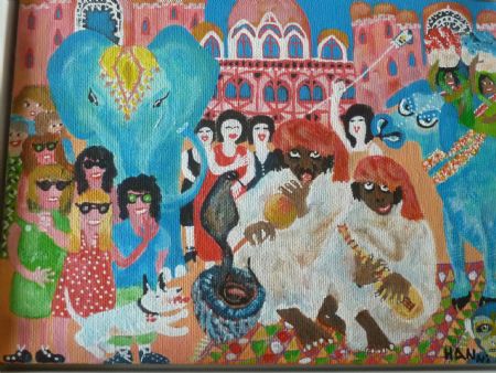 Akryl maleri Postkort fra Indien af Hanni Rossenell malet i 