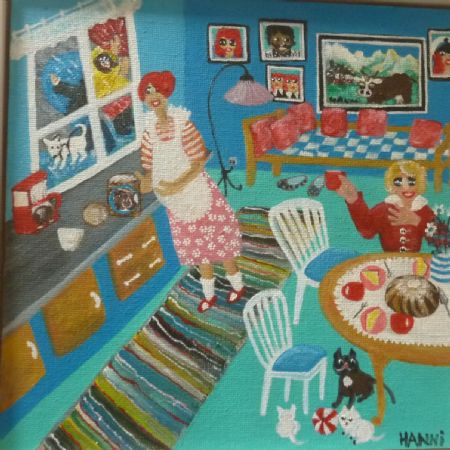 Akryl maleri Gæster kommer af Hanni Rossenell malet i 2021