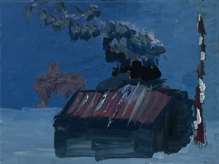 Akryl maleri Hus i brand af Ask Hansen malet i 2026