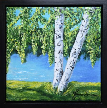 Akryl maleri Birk i forårssol af Janne Lerbech malet i 