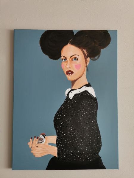 Akryl maleri En fugl i hånden er bedre end 10 på taget af Jeannette Pia Pallesgaard Pedersen   tlf 28123718  malet i 2026