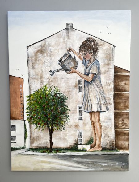 Akryl maleri Den stille gartner af Vibeke Findshøj malet i 2026