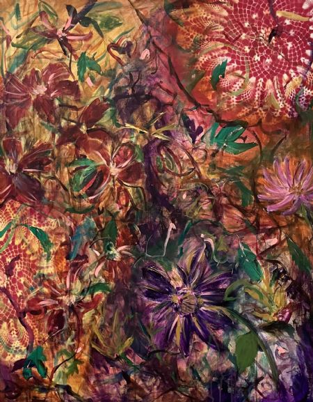 Akryl maleri Blomsterabstraktion af Dahlia og klematis af Jannie Egholm malet i 2025