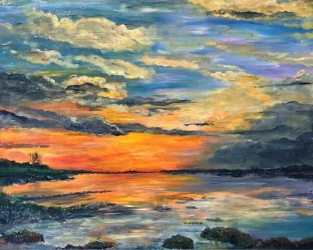 Akryl maleri Solnedgang fra Herslev Strand, Roskilde Fjord. af Art by Joe Pearson malet i 2026