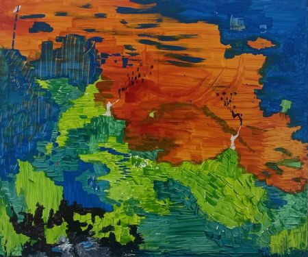Akryl maleri Sommerdag (grøn,orange,blå) af Ask Hansen malet i 2026