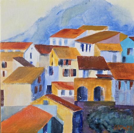 Akryl maleri Bjergby I af Alicja Pedersen malet i 2025