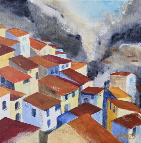 Akryl maleri Bjergby II af Alicja Pedersen malet i 2025