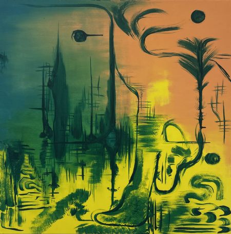 Akryl maleri Fanget i fremtiden af Ask Hansen malet i 2026