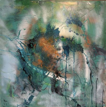 Akryl maleri Guld og grønne skove af Henriette Kaiser malet i 2025