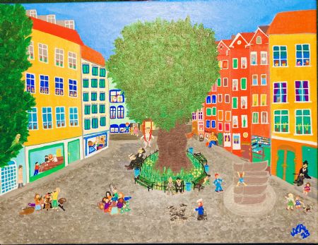 Akryl maleri Barndom på torvet af Anne Charlotte Ahlberg malet i 2023