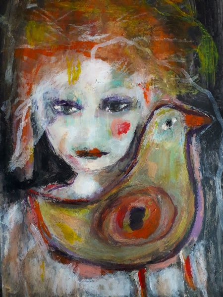 Akryl maleri The bird is mine af Lili Hollesen malet i 2026