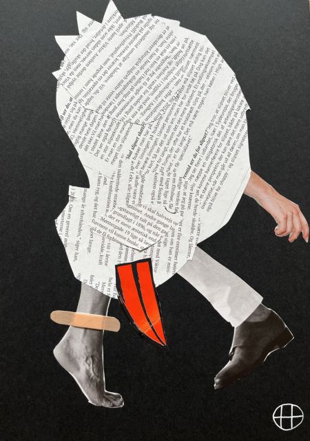 Collage maleri Syg høne af Helle Olesen malet i 2026