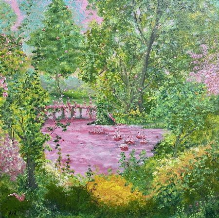 Akryl maleri Katten i Monet’s Have af Anette Thorup Hansen (ATH) malet i 2025