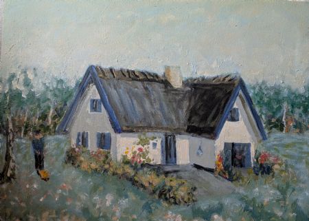 Olie maleri Idyl i huset af Heidi Sølvberg malet i 1980