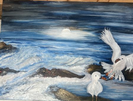 Akryl maleri Nat på stranden af Roshanak Art  malet i 2024