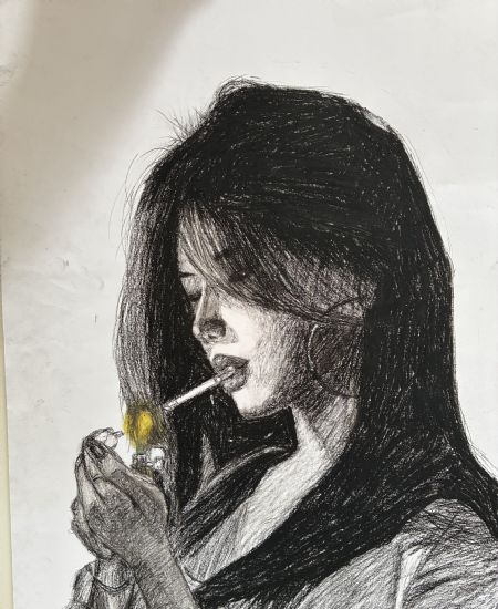 Kul maleri (Ikke til salg) Kvinder der ryger cigaret af Emilie Louise Fogh Jørgensen malet i 2026