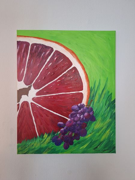 Akryl maleri Originalt stilleben: Blodappelsin og vindruer (40 x 50 cm)????