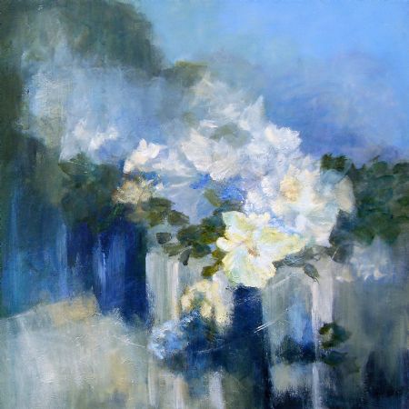 Blandede medier maleri 'White Flowers in Blue no 3' - Print no 1 af 5 af Aase Lind malet i 2026