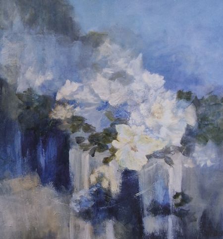Blandede medier maleri 'White Flowers in Blue no 3' - Print no 1 af 5 af Aase Lind malet i 