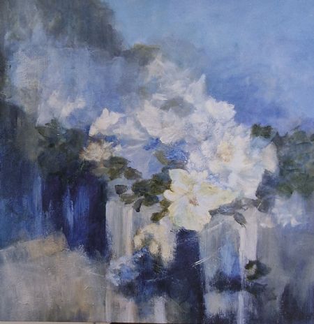 Akryl maleri 'White Flowers in Blue'  Limited Ed. af Aase Lind malet i 