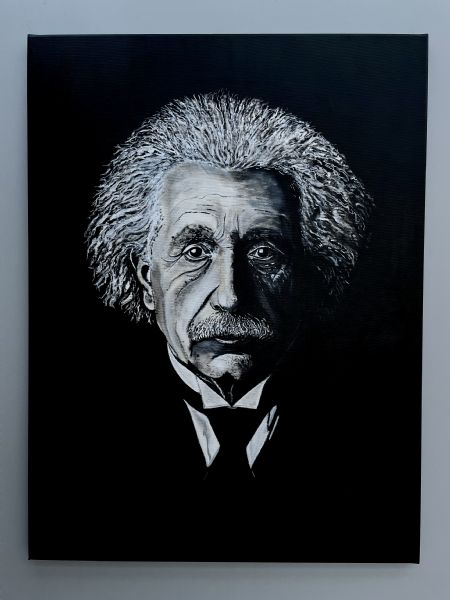 Akryl maleri Albert Einstein af Vibeke Findshøj malet i 2026