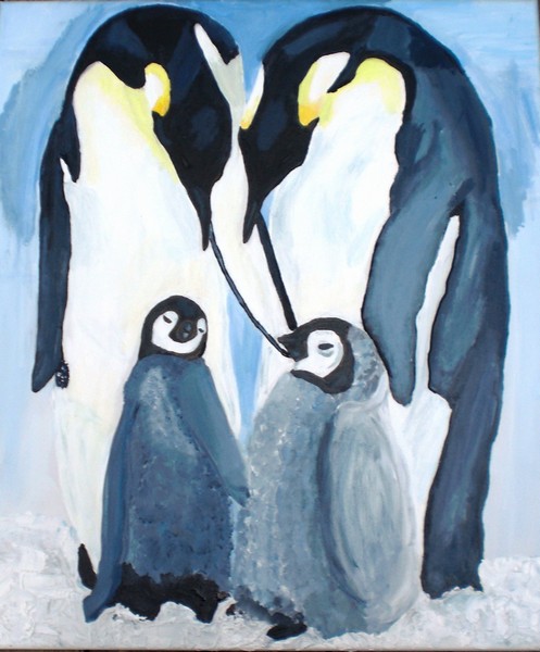 Akryl maleri pingviner. af Hanne Wiencken malet i 2010