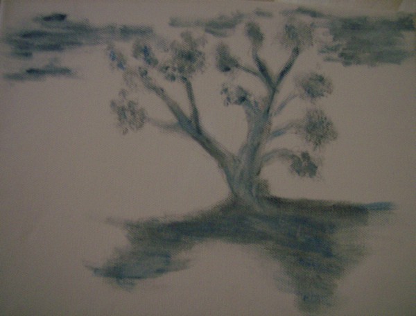 Akryl maleri misty old tree af Mia Trolle malet i 2007