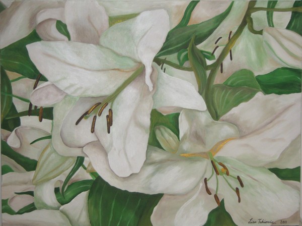 Akryl maleri Hvide liljer af Lisa Tahirovic malet i 2011