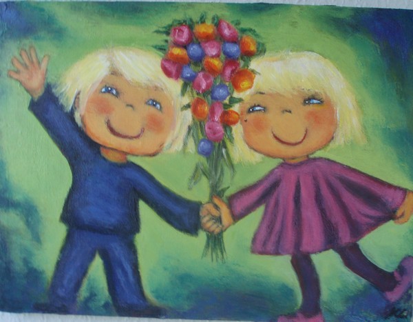 Akryl maleri Glade blomsterbørn af Kirsten Kjær Larsen malet i 2010