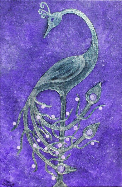 Akryl maleri Sølv Påfugl 2 af Suriyan malet i 2012
