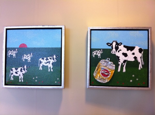 Blandede medier maleri Curious Cows af B. Seelhorst malet i 2010
