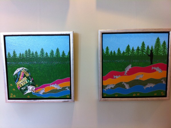 Blandede medier maleri Fishing Rainbow Trouts af B. Seelhorst malet i 2010
