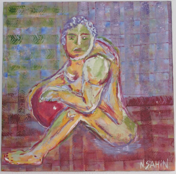 Blandede medier maleri manden med bolden af N.Sahin Art malet i 2004