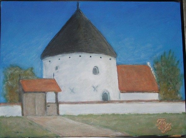 Akryl maleri Nyker kirke, Bornholm af Torben Petersen malet i 2012