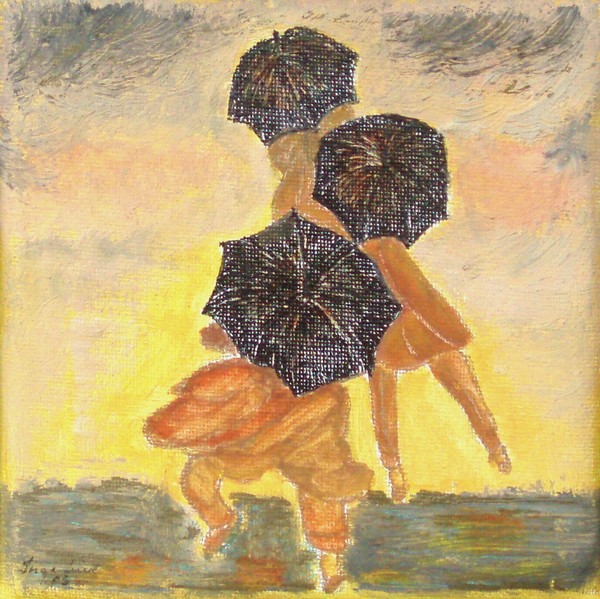 Akryl maleri - Walking in the rain af Inge Juul malet i 2007