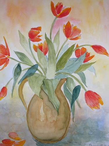 Akvarel maleri Tulipaner i vase af Bente Holst malet i 