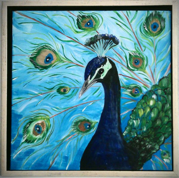 Akryl maleri Peacock af Vanya Kaludova malet i 2013