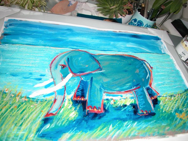 Digitalt billede af maleriet The elephant is blue. Primær farve: Blå.