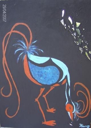 Akryl maleri fantasi fugl af Iben Astrup malet i 2007