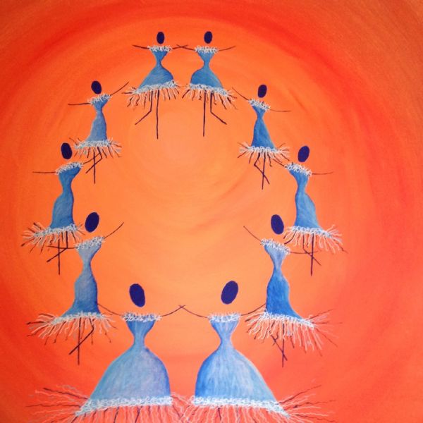 Akryl maleri Dansende piger af Ditte malet i 2014