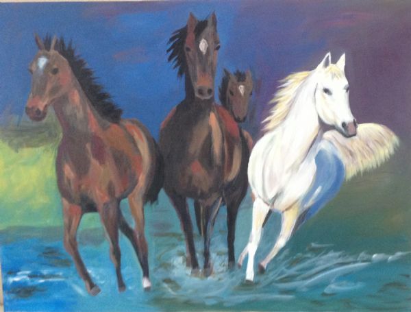 Akryl maleri Heste i løb af Vera Iwersen malet i 2014