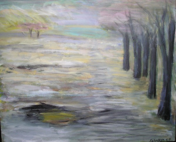 Akryl maleri Sneklædte marker i skovbrynet af Pia von Scholten malet i 2007