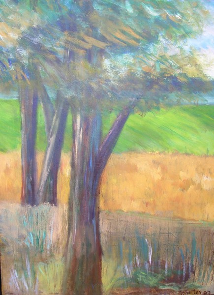 Akryl maleri Træer på mark af Pia von Scholten malet i 2007