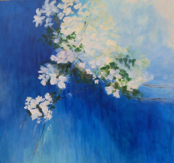 Akryl maleri FLOWERS in Blue no 4. COMMISSION af Aase Lind malet i 