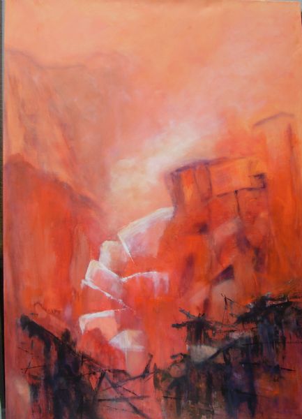 Akryl maleri Komposition i Rødt no 3 af Aase Lind malet i 