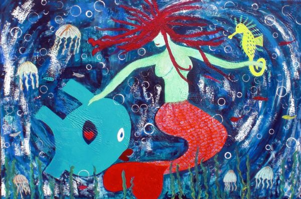 Akryl maleri Mermaid´s pets af Helle Rolsted malet i 2013