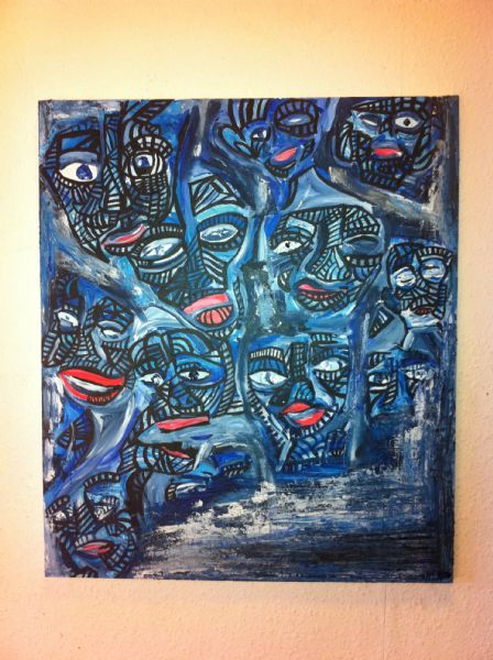 Akryl maleri Blå ansigter af Benjamin Wandschneider malet i 2013