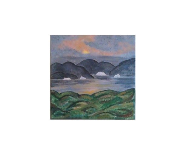 Akryl maleri Solnedgang over grønland af Emilia Myrup malet i 2015