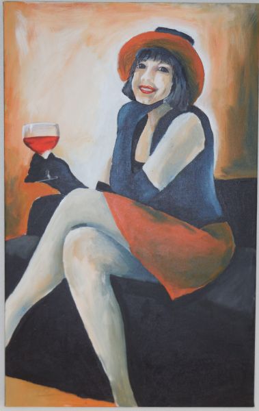 Akryl maleri Pige med vin af Birgit Højgaard malet i 2015